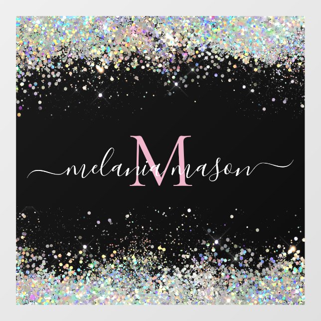 Elegant Holographic Glitter Monogram Black  Window Cling (Sheet)