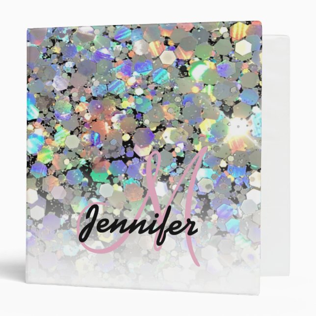 Elegant Holographic Glitter Monogram Name Black Binder (Front/Inside)