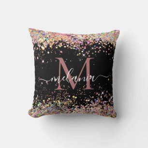 Elegant Holographic Glitter Monogram Name Black  Throw Pillow