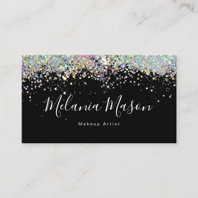 Elegant Holographic Glitter Nail Artist Black Business Card (Front)