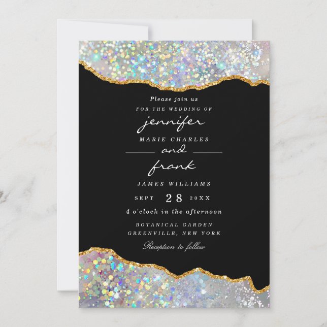 Elegant Holographic Glitter Sparkle Agate Black Invitation (Front)