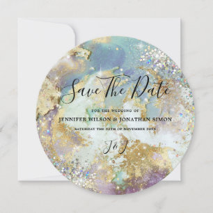 Elegant Holographic Glitter Watercolor Gold Modern Save The Date