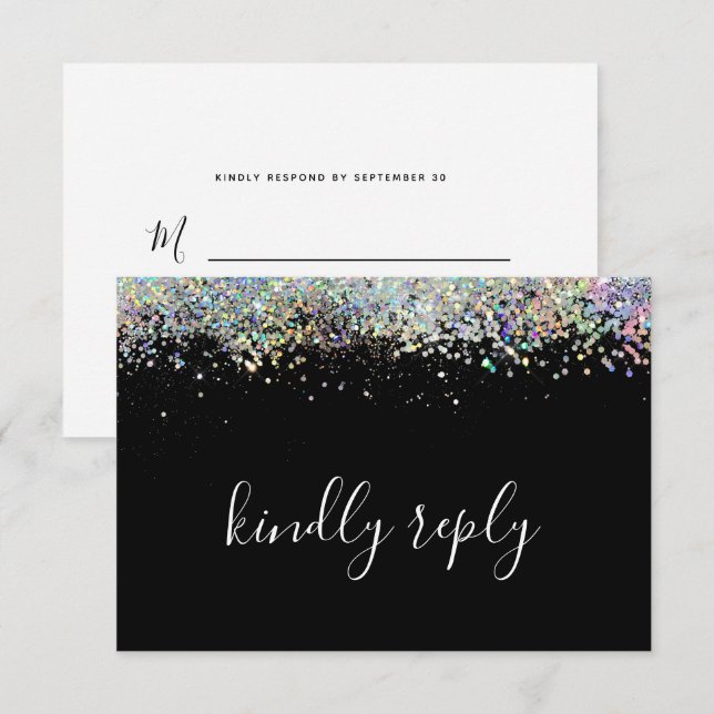 Elegant Holographic Glitter Wedding Kindly Reply RSVP Card (Front/Back)