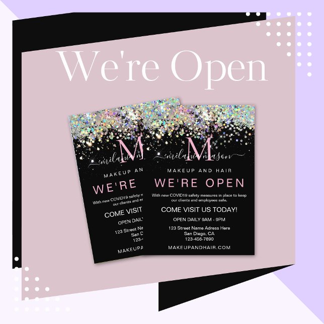 Elegant Holographic Glitter We're Open Salon Black Flyer (Creator Uploaded)