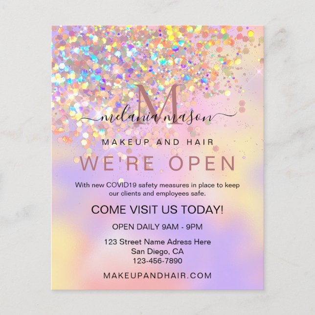 Elegant Holographic Glitter We're Open Salon Chic Flyer (Front)