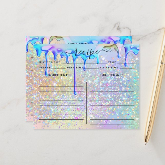 Elegant Holographic Gold Glitter Drips Recipe Card (Front/Back In Situ)