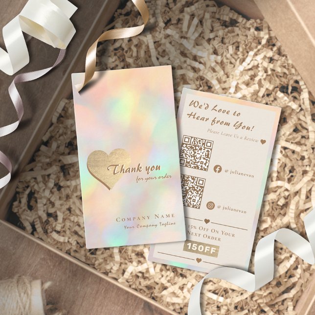 Elegant Holographic Gold Heart QR Code Thank you Business Card (Elegant Holographic Gold Heart QR Code Thank you Card for Business)