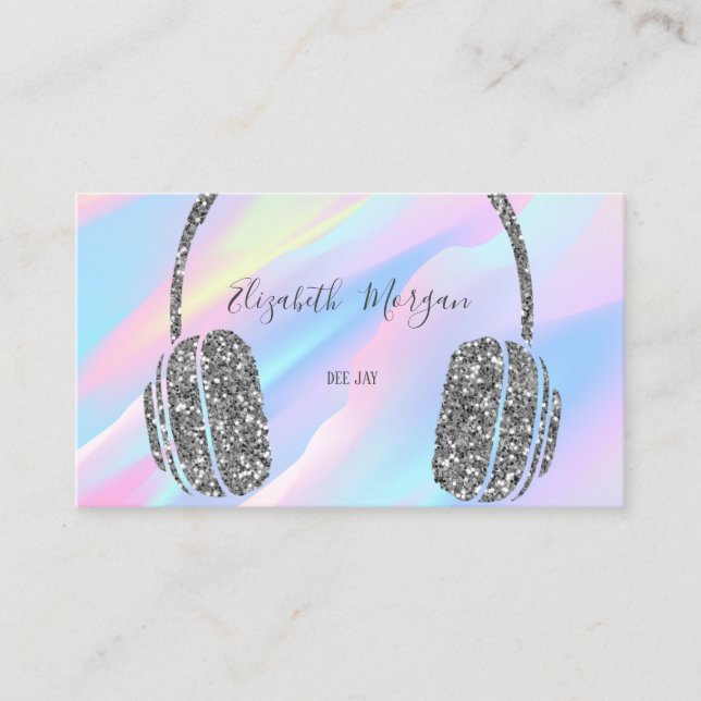 Elegant Holographic,  Silver  Glitter Headphone DJ Business Card (Front)