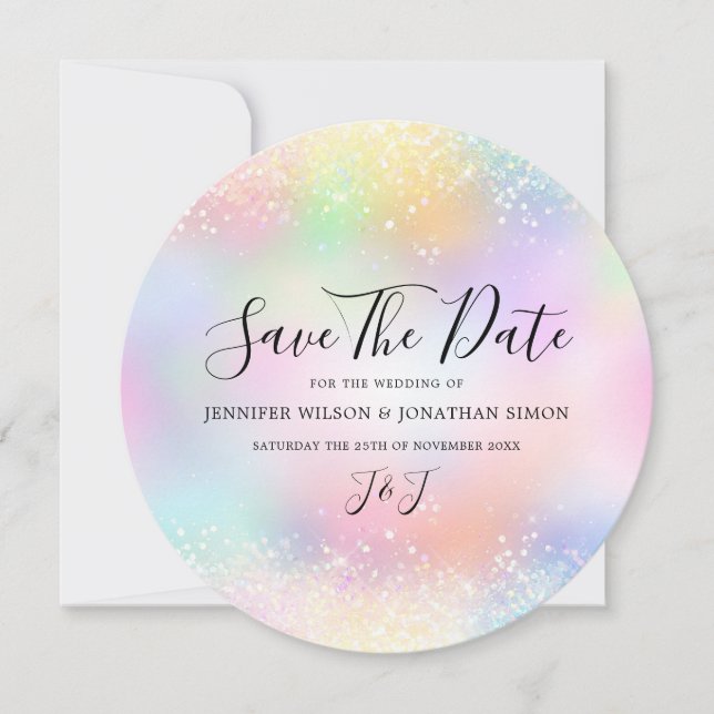 Elegant Holographic Sparkles Glitter Dust Chic Save The Date (Front)