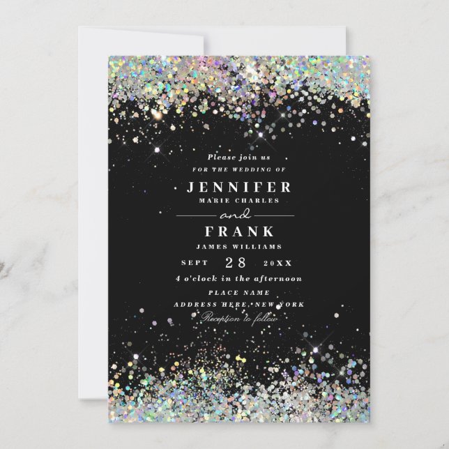 Elegant Holographic Sparkly Glitter Black Modern Invitation (Front)