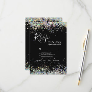 Elegant Holographic Sparkly Glitter Black Modern RSVP Card