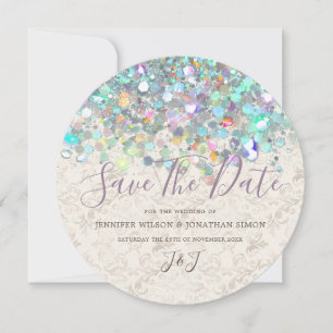 Elegant Holographic Sparkly Glitter Modern Ivory Save The Date