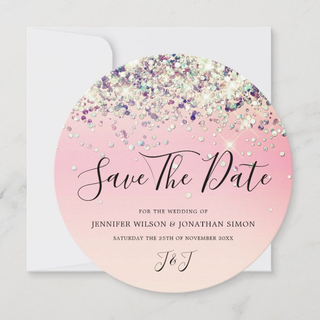 Elegant Holographic Sparkly Glitter Modern Pink Sa Save The Date (Front)