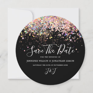 Elegant Holographic Sparkly Pink Glitter Black Save The Date