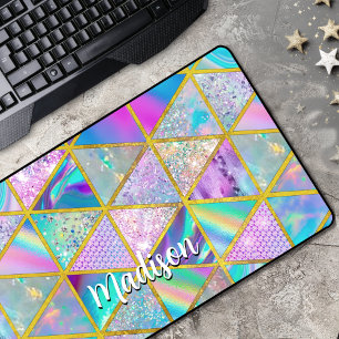 Elegant holographic trendy faux gold geometric desk mat