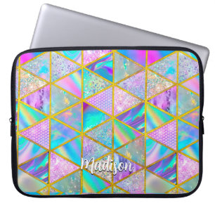 Elegant holographic trendy faux gold geometric  laptop sleeve