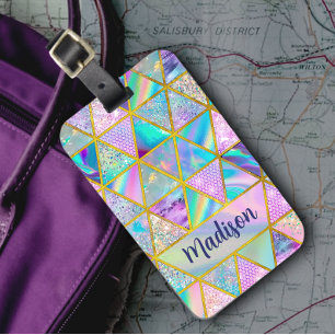 Elegant holographic trendy faux gold geometric  luggage tag