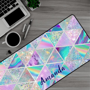 Elegant holographic trendy faux silver geometric desk mat