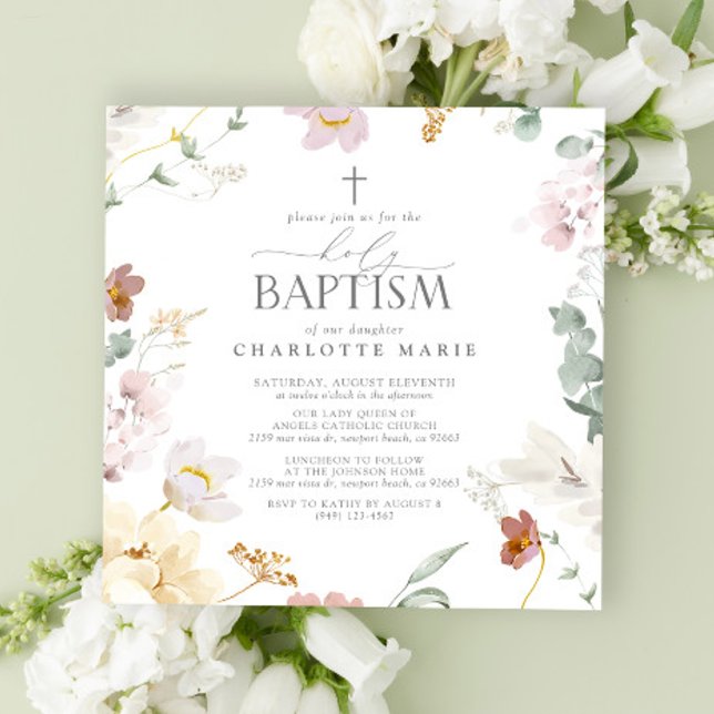 Elegant Holy Baptism Blush Pink Watercolor Flowers Invitation (Holy Baptism Invitation!)