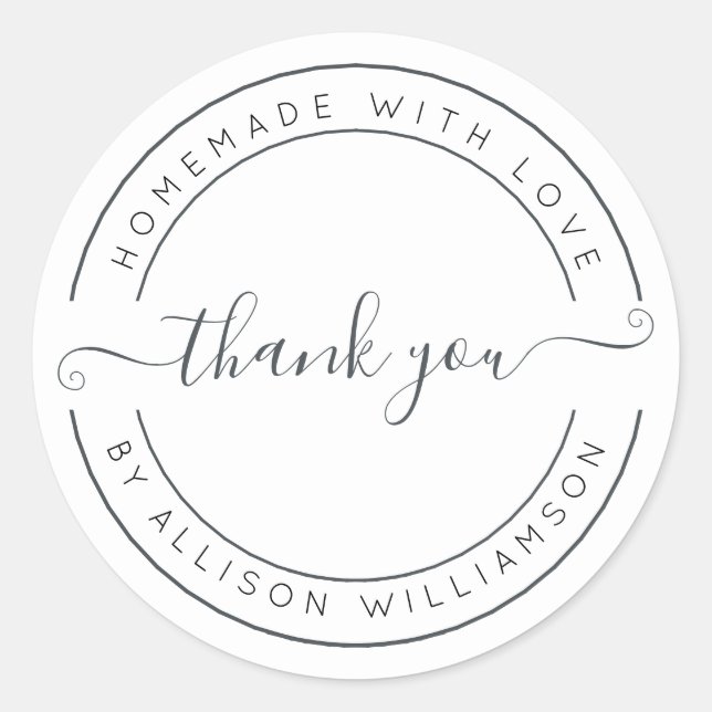 Elegant Homemade With Love Black White Thank You Classic Round Sticker (Front)