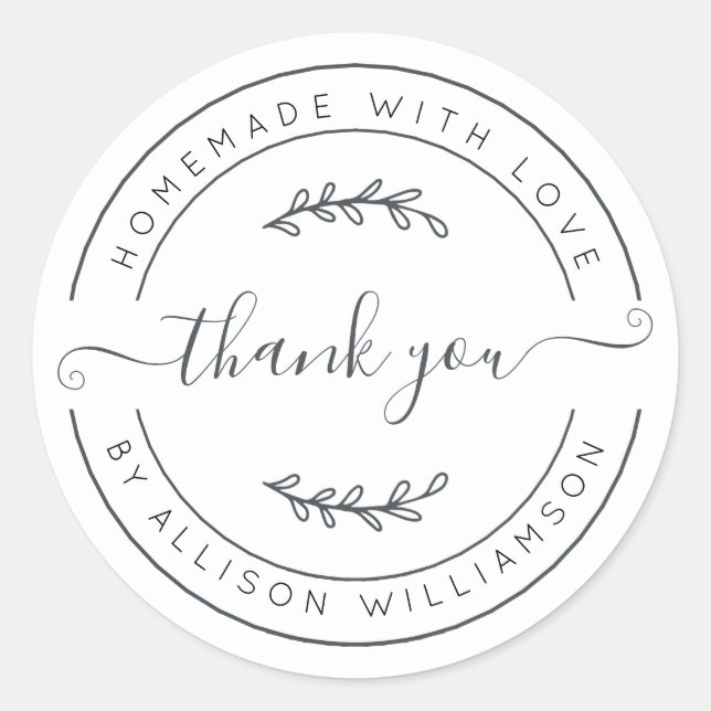 Elegant Homemade With Love Black White Thank You Classic Round Sticker (Front)