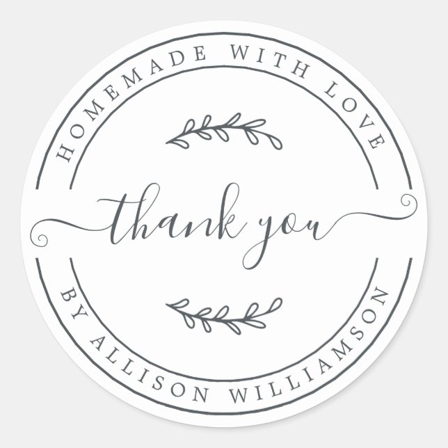 Elegant Homemade With Love Black White Thank You Classic Round Sticker (Front)