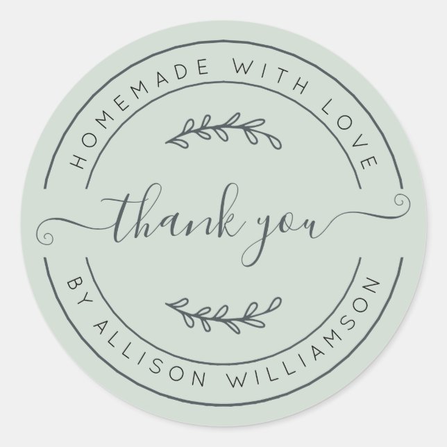 Elegant Homemade With Love Pastel Green Thank You Classic Round Sticker (Front)