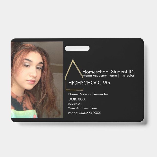 Elegant Homeschooling School ID Black Faux Gold Badge (Front)
