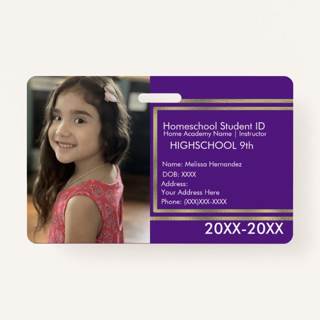 Elegant Homeschooling School ID Purple Gold Badge (Front)