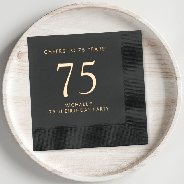 Elégant Hommes 75e fête d'anniversaire (Elevate his 75th birthday party decor with these classic and elegant black and gold foil napkins)