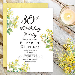 Elegant Honeysuckle 80th Birthday Yellow Floral Invitation