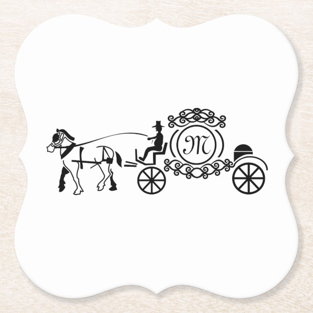 Elegant Horse Drawn Wedding Wagon Monogram Paper Coaster (Front)