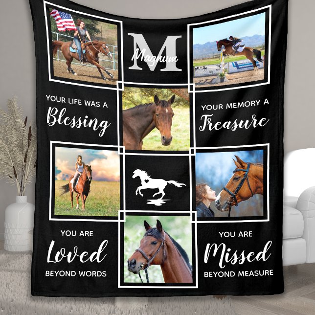 Elegant Horse Memorial Personalized Photo Collage Fleece Blanket (Creator Uploaded)