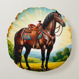 Elegant Horse Portrait with saddle Round Pillow