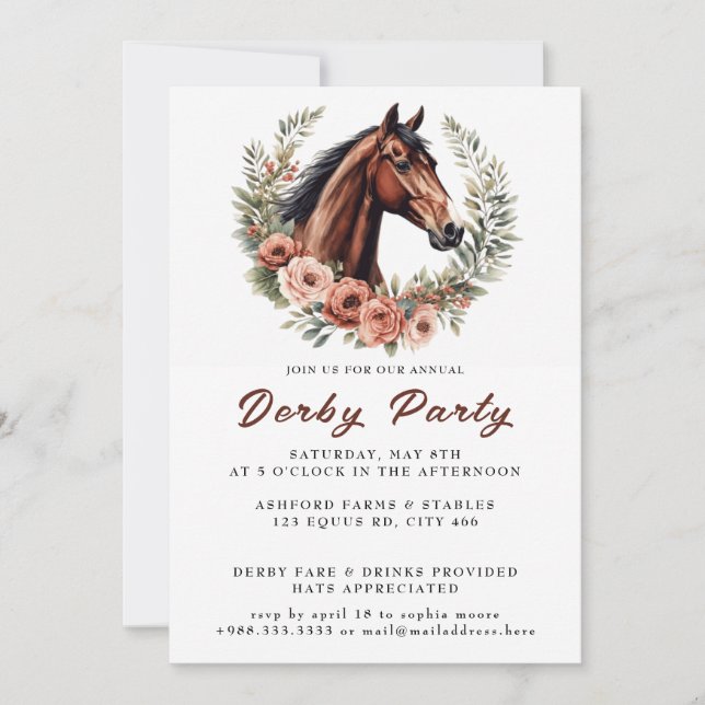 Elegant Horse Race Watercolor Wreath Derby Party Invitation (Front)