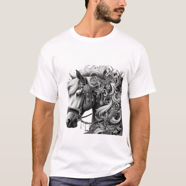 Elegant Horse with Ornamental Details - Black and  T-Shirt (Front)
