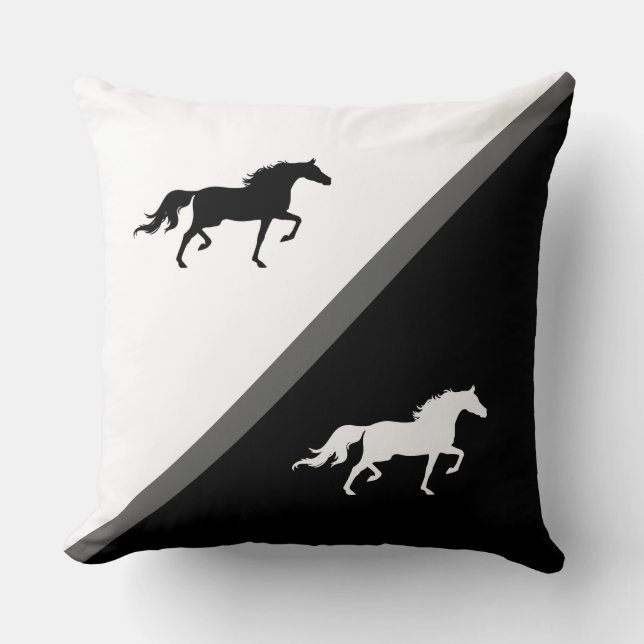 Elegant Horses on Black Grey and White Throw Pillow (Front)