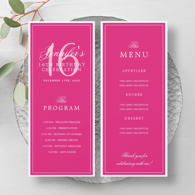 Elegant Hot Pink 16th Birthday Program Menu  (Elegant Hot Pink 16th Birthday Program Menu )