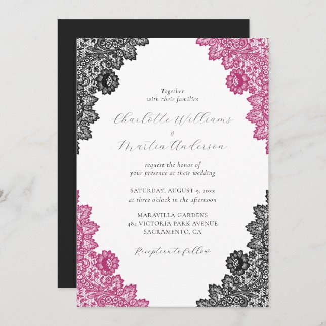 Elegant Hot Pink and Black Floral Lace Wedding Invitation (Front/Back)