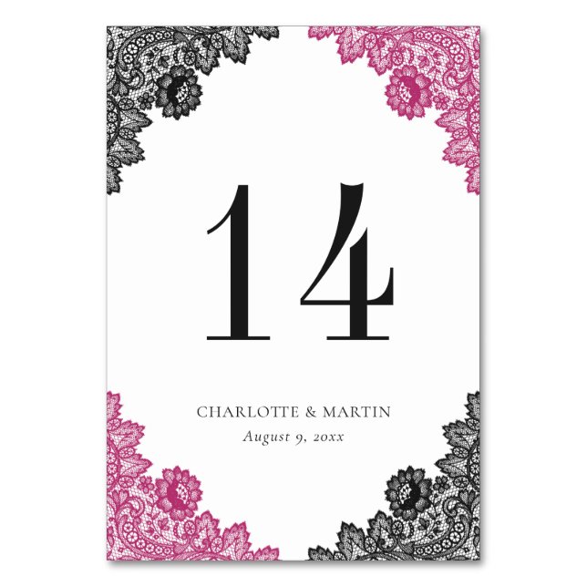 Elegant Hot Pink and Black Floral Lace Wedding Table Number (Front)