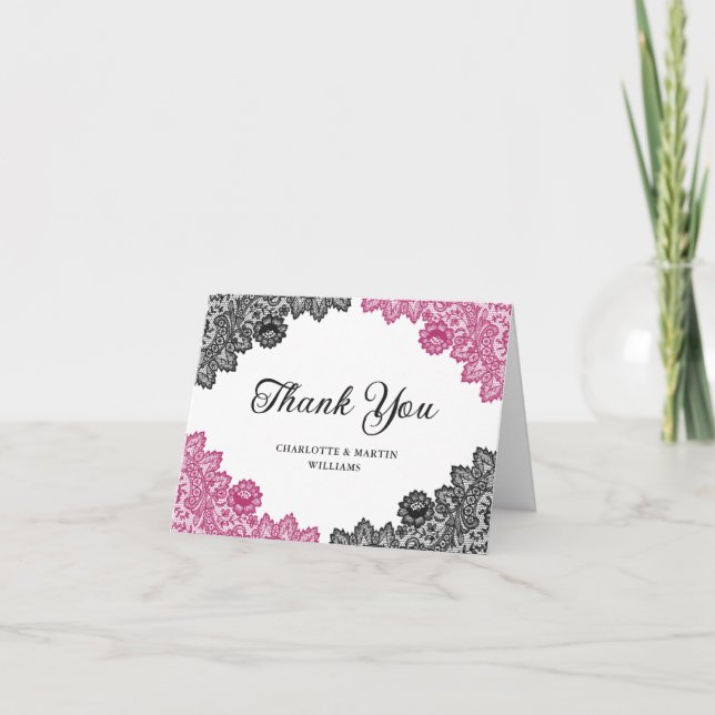 Elegant Hot Pink and Black Floral Lace Wedding Thank You Card (Front)