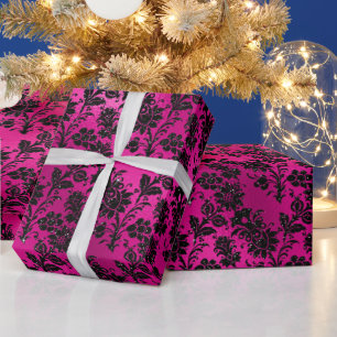 Elegant Hot Pink and Black Glitter Flowers Pattern Wrapping Paper