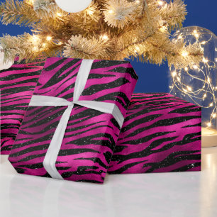 Elegant Hot Pink and Black Glitter Tiger Stripes Wrapping Paper