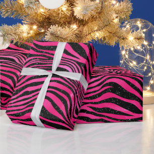 Elegant Hot Pink and Black Glitter Tiger Stripes Wrapping Paper