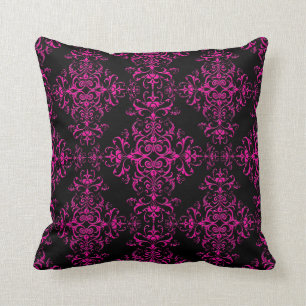Elegant Hot Pink and Black Victorian Style Damask Throw Pillow