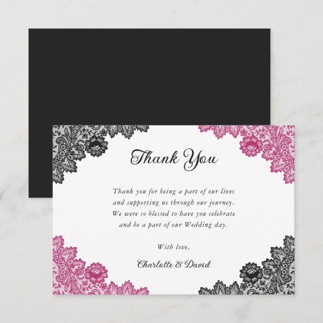 Elegant Hot Pink and Black Wedding Thank You Card (Front/Back)
