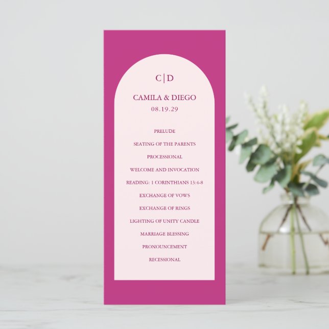 Elegant Hot Pink Arch Modern Wedding Program (Standing Front)