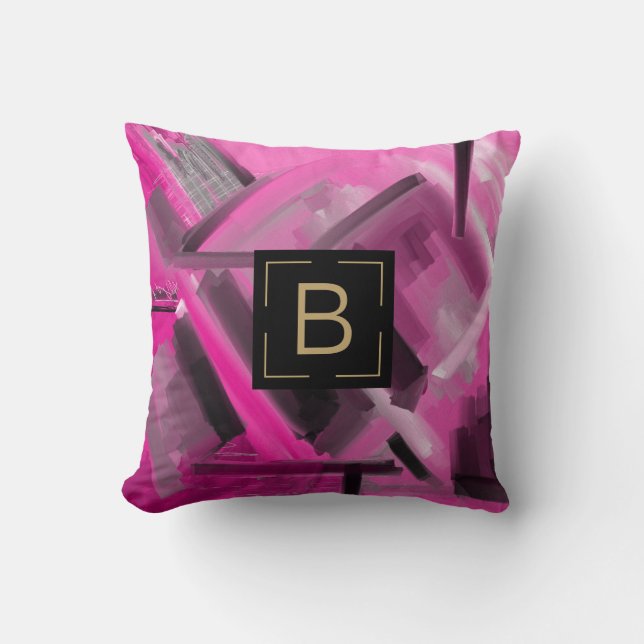 Elegant Hot Pink Black Abstract Art Modern Shapes Throw Pillow (Front)