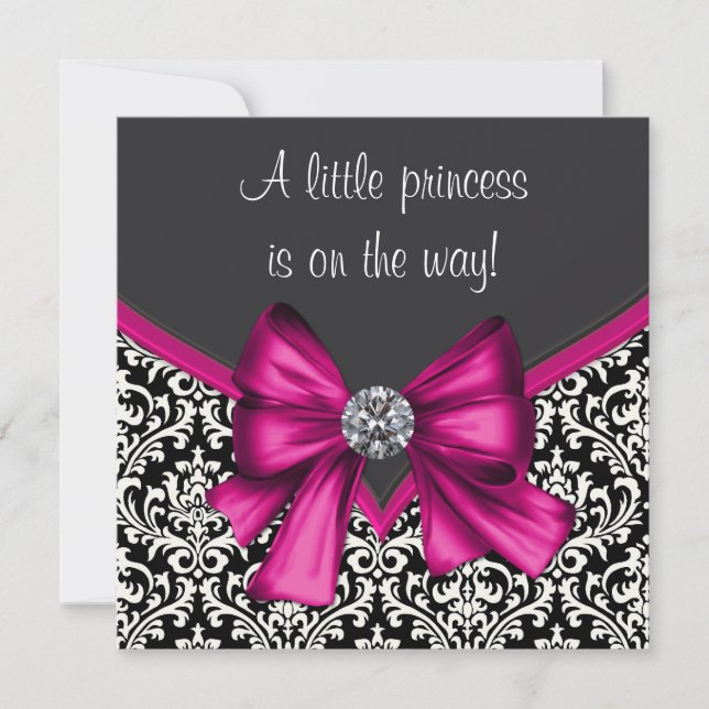 Elegant Hot Pink Black Damask Princess Baby Shower Invitation (Front)