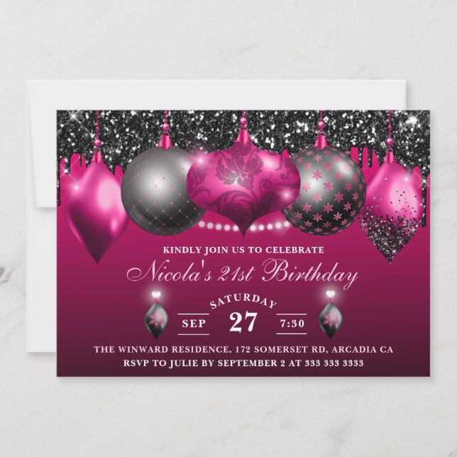 Elegant Hot Pink & black Glitter Baubles Birthday Invitation (Front)